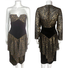 1980s Vintage Frank Usher Dress Gold Lace & Black Velvet M