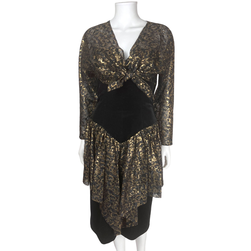 1980s Vintage Frank Usher Dress Gold Lace & Black Velvet M1980s Vintage Frank Usher Dress Gold Lace & Black Velvet M