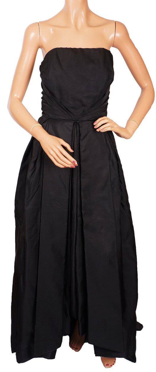Vintage 1960s Evening Gown Haute Couture Strapless Dress in Black Silk by Frank Oujezdsky Montreal - Poppy's Vintage Clothing