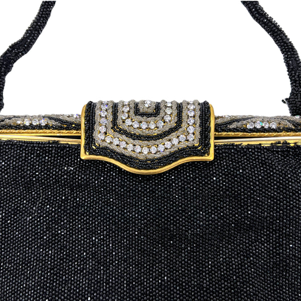 French Vintage Evening Bag Handbag Metallic Embroidery Beaded Pearls Gold Silk