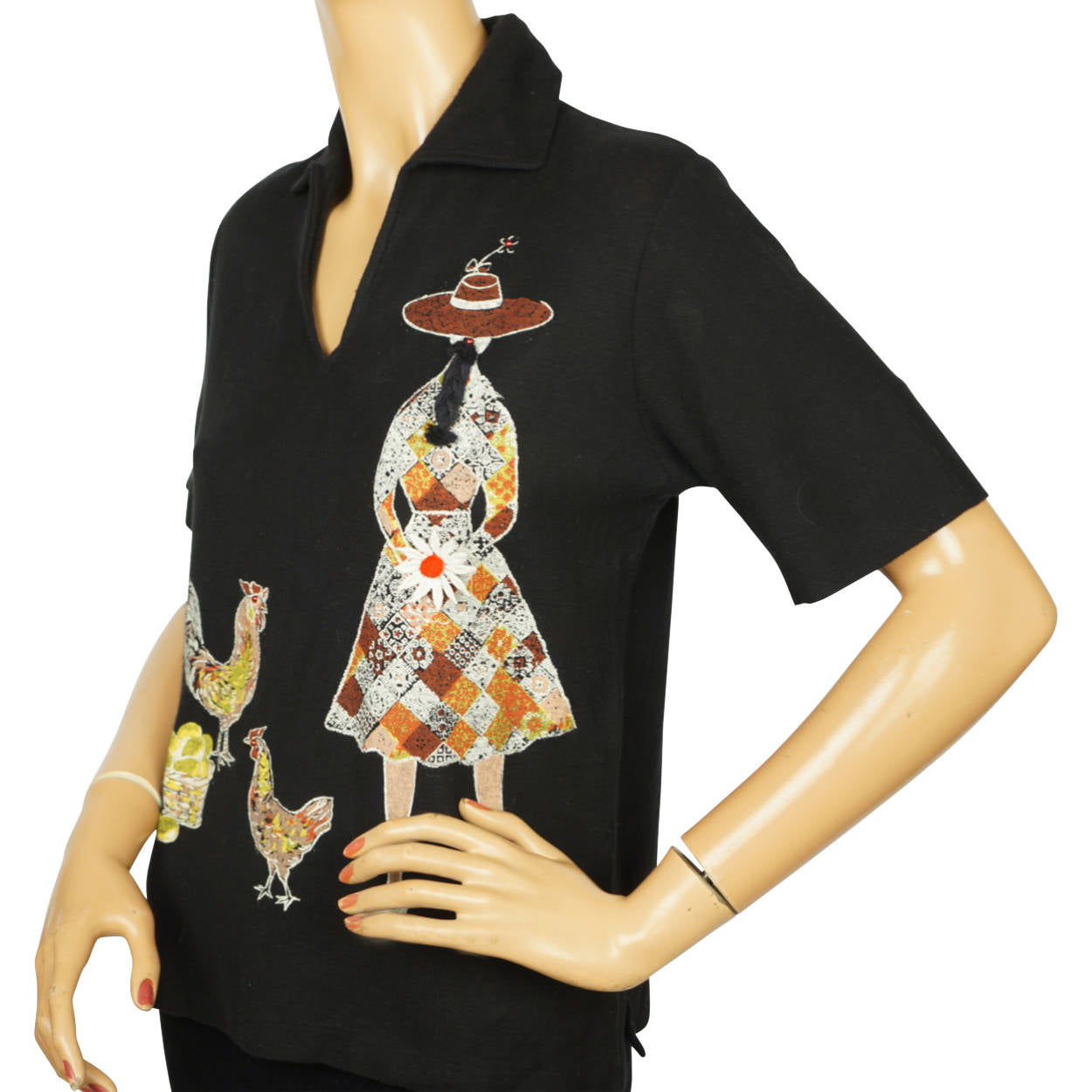 Vintage 1960s Novelty Top Funsters by Darwyn Girl w Chickens Ladies Polo Shirt M - Poppy's Vintage Clothing