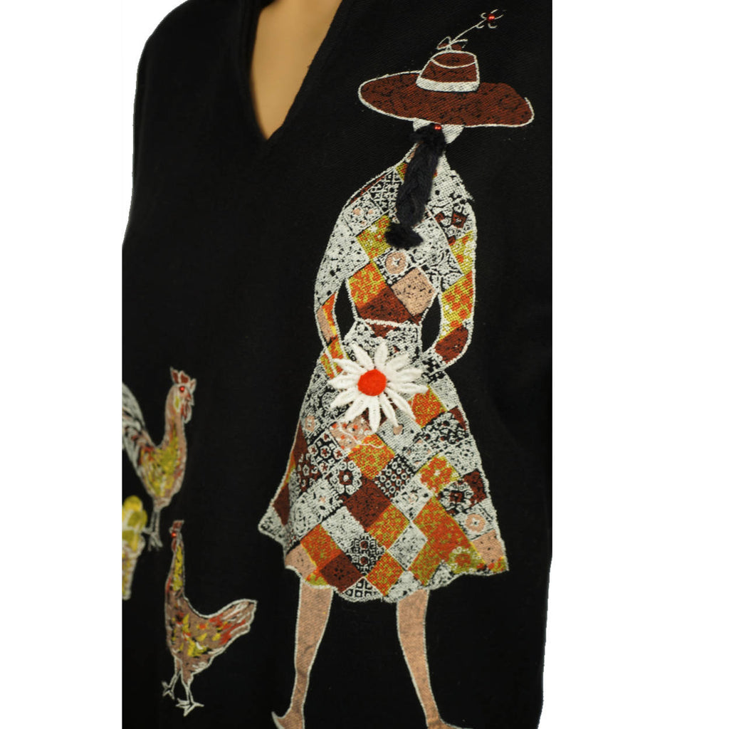 Vintage 1960s Novelty Top Funsters by Darwyn Girl w Chickens Ladies Polo Shirt M - Poppy's Vintage Clothing