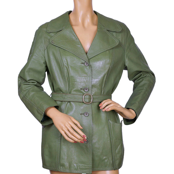 Vintage Ladies Green Leather Jacket Worhoff Germany 1960s Size M - Poppy's Vintage Clothing