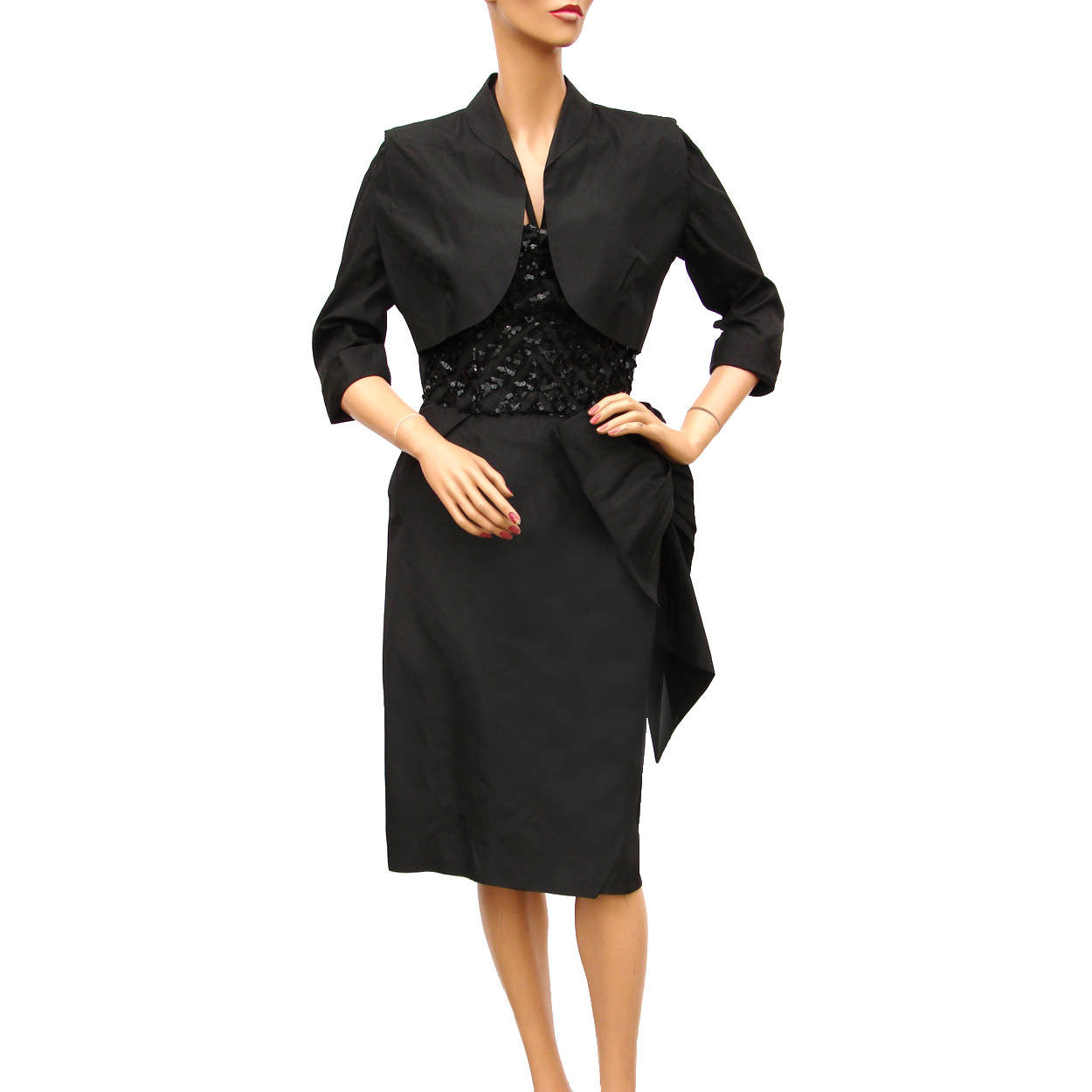 Vintage 1950s Cocktail Dress Black Sequin Taffeta with Bolero by GiGi Young - Small - Poppy's Vintage Clothing