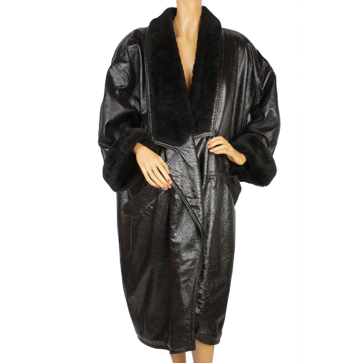 Vintage 1980s Gianni Versace Black Vinyl Coat with Plush