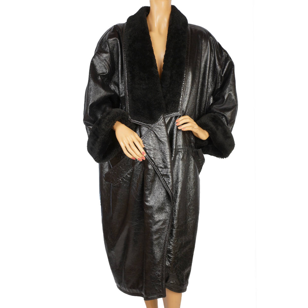 Vintage 1980s Gianni Versace Black Vinyl Coat with Plush Trim Size L - Poppy's Vintage Clothing