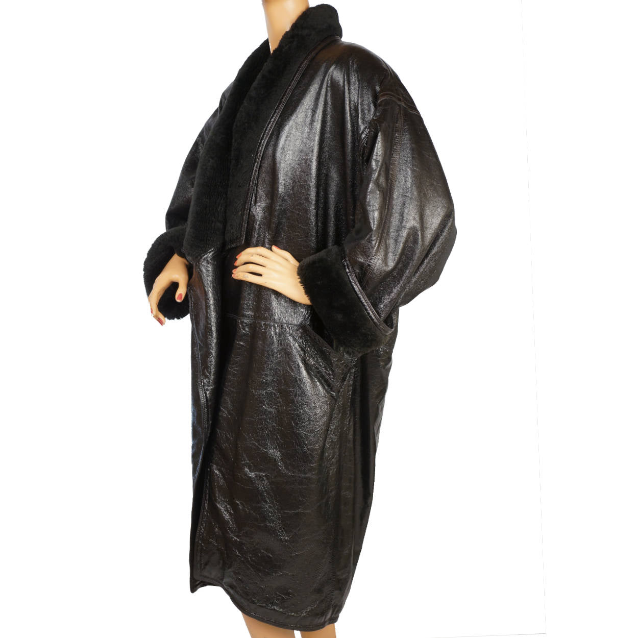 Vintage 1980s Gianni Versace Black Vinyl Coat with Plush Trim Size L - Poppy's Vintage Clothing