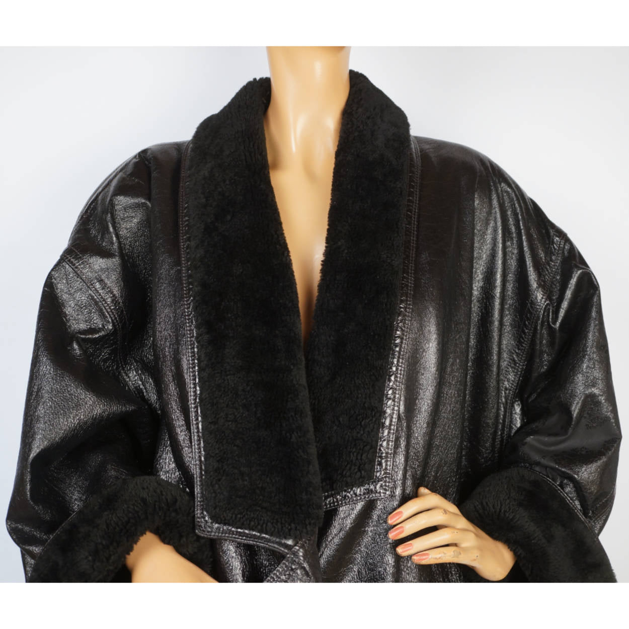 Vintage 1980s Gianni Versace Black Vinyl Coat with Plush Trim Size L - Poppy's Vintage Clothing