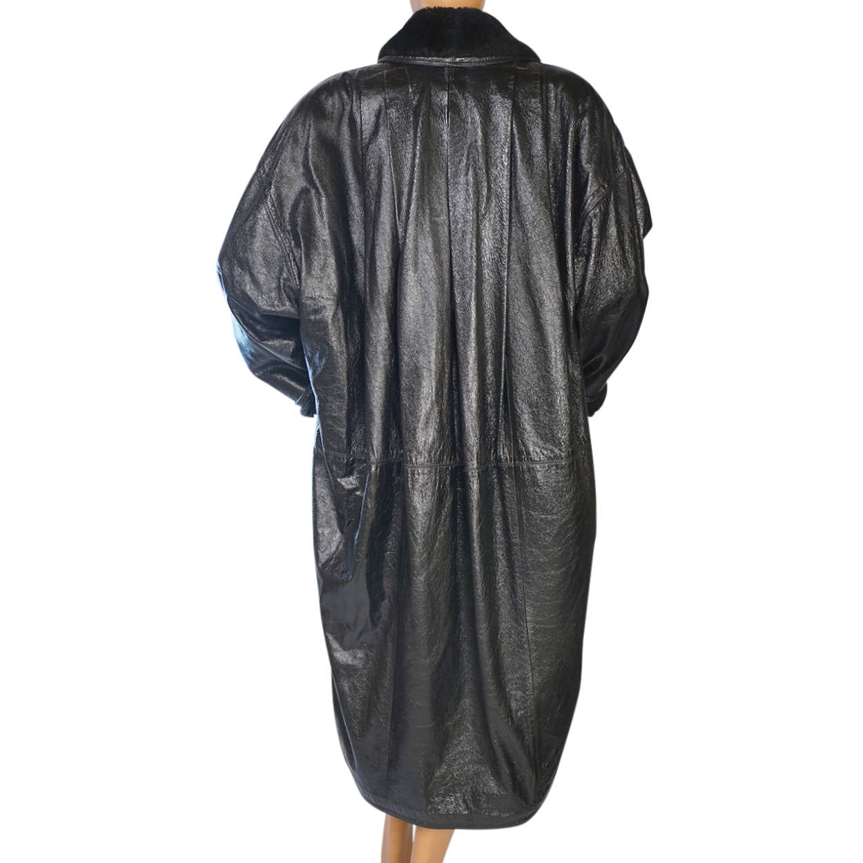 Vintage 1980s Gianni Versace Black Vinyl Coat with Plush Trim Size L - Poppy's Vintage Clothing