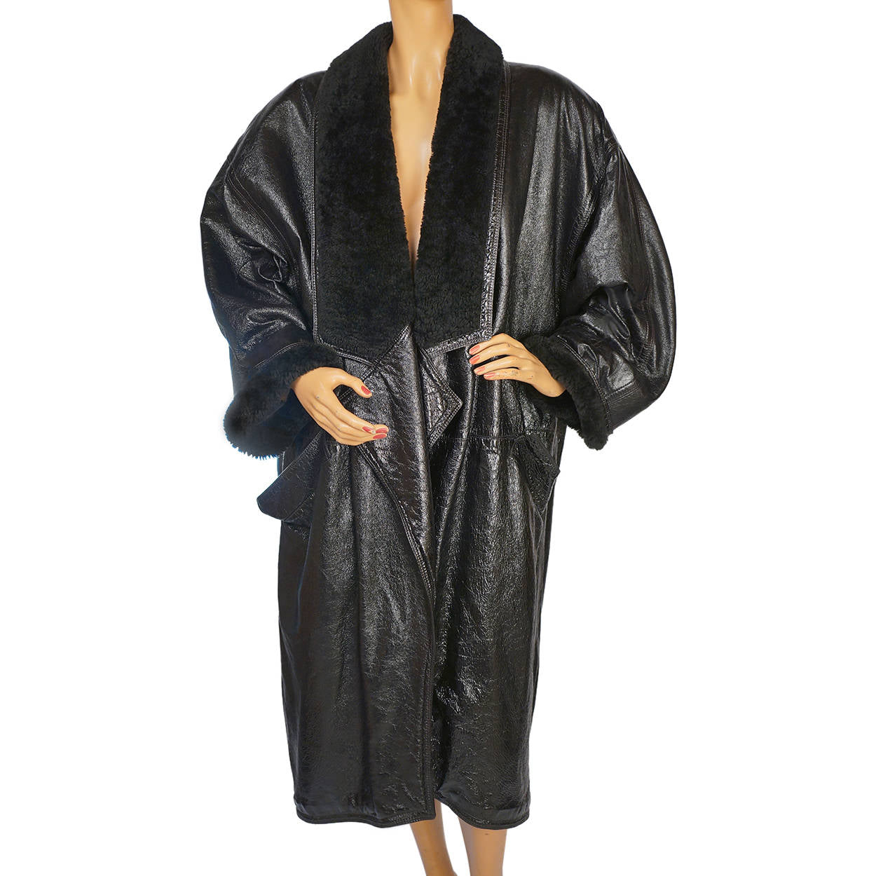 Vintage 1980s Gianni Versace Black Vinyl Coat with Plush Trim Size L - Poppy's Vintage Clothing