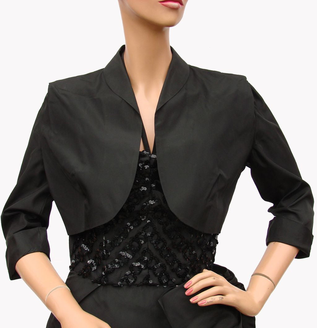 Vintage 1950s Cocktail Dress Black Sequin Taffeta with Bolero by GiGi Young - Small - Poppy's Vintage Clothing
