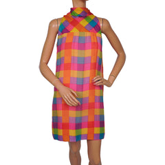 Vintage 1960s Shift Dress Bright Coloured Check Silk Chiffon Gino Charles Size M - Poppy's Vintage Clothing