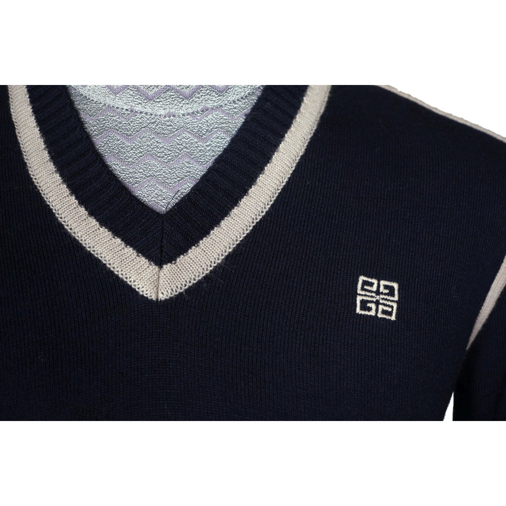Vintage 1970s Givenchy Gentleman Sweater Blue Wool with Logo Mens Size Small - Poppy's Vintage Clothing