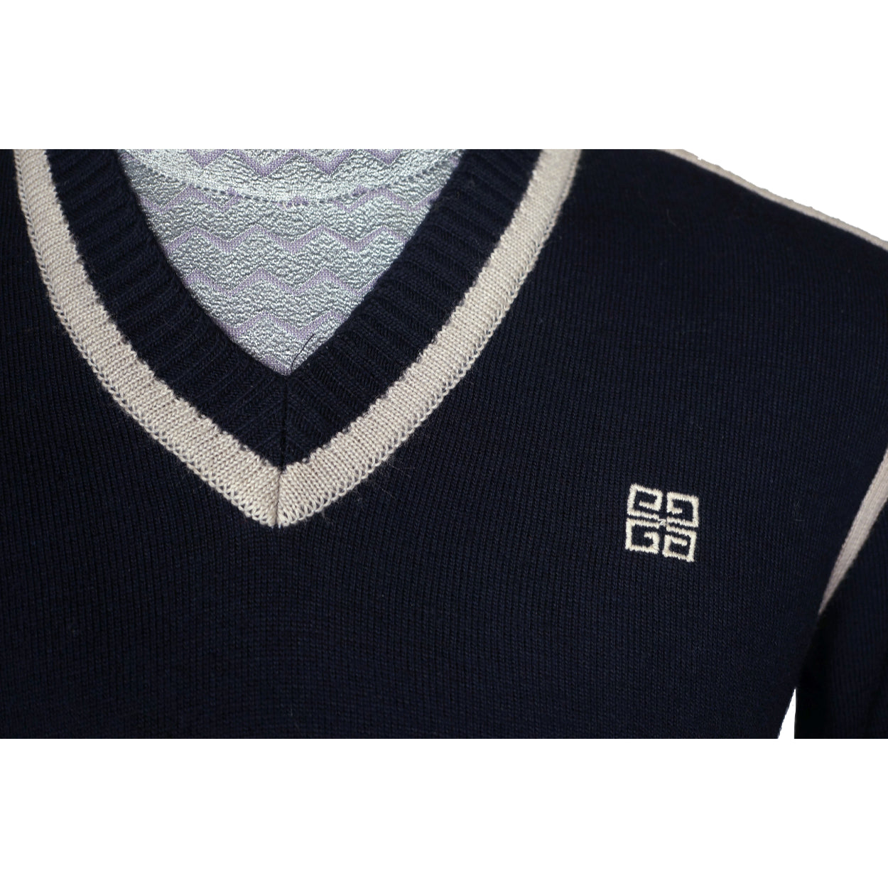 Vintage 1970s Givenchy Gentleman Sweater Blue Wool with Logo Mens Size Small - Poppy's Vintage Clothing