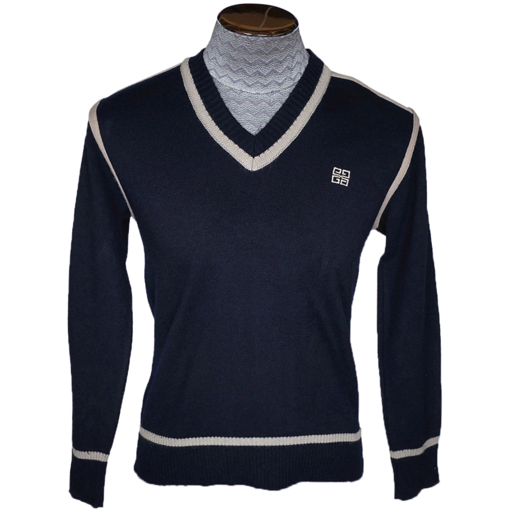 Vintage 1970s Givenchy Gentleman Sweater Blue Wool with Logo Mens Size Small - Poppy's Vintage Clothing