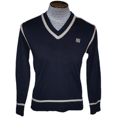 Vintage 1970s Givenchy Gentleman Sweater Blue Wool with Logo Mens Size Small - Poppy's Vintage Clothing