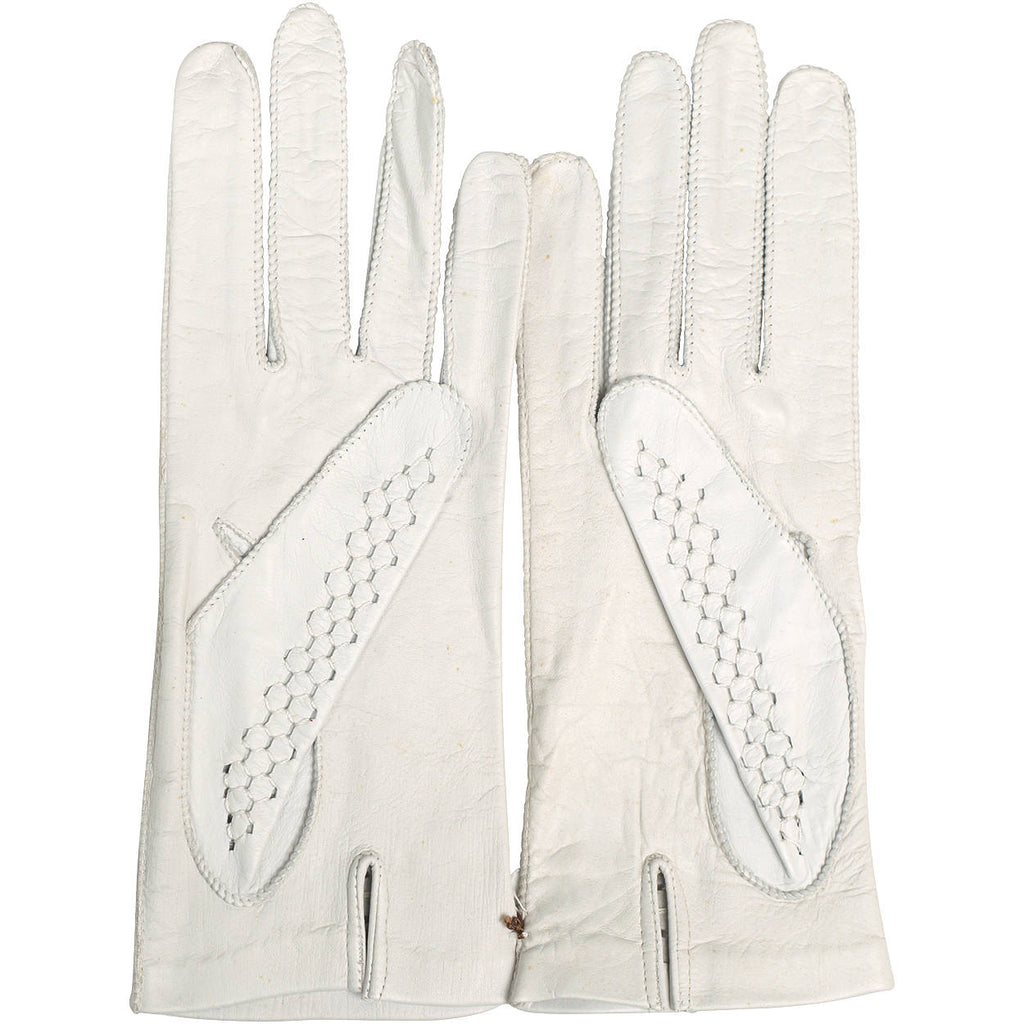 Vintage NWT 1960s Gloves White Lattice Leather Unused with Tag Size 7 - Poppy's Vintage Clothing