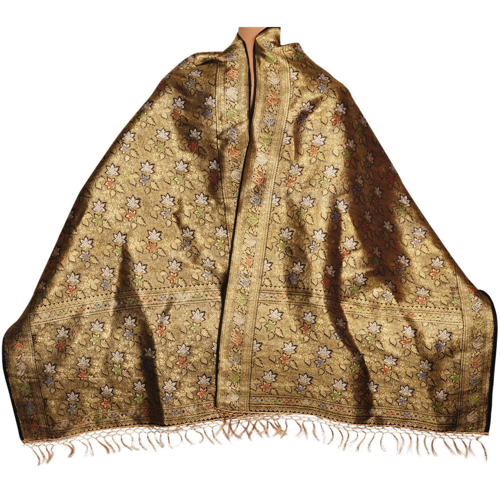 Vintage Indian Woven Gold Silk Shawl w Foliate Pattern 1930s Formal Sari Scarf - Poppy's Vintage Clothing