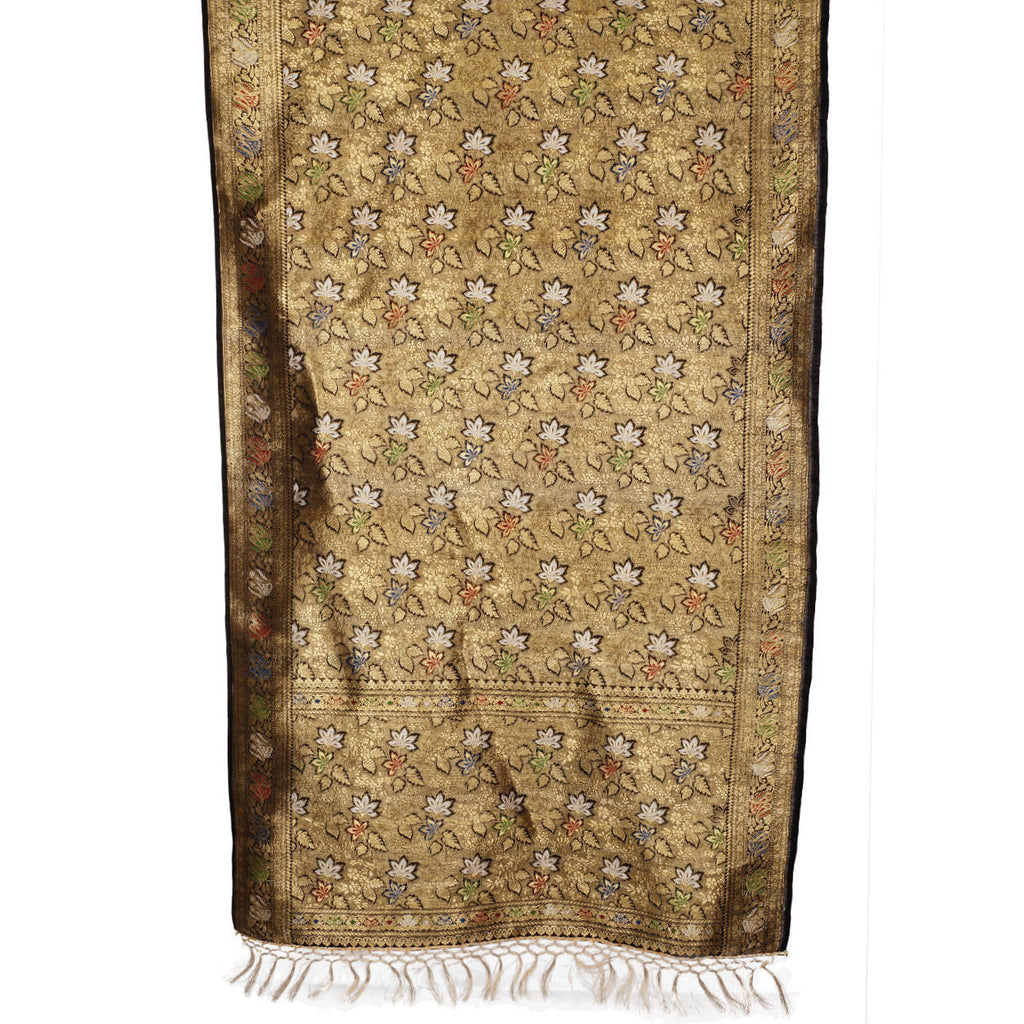 Vintage Indian Woven Gold Silk Shawl w Foliate Pattern 1930s Formal Sari Scarf - Poppy's Vintage Clothing