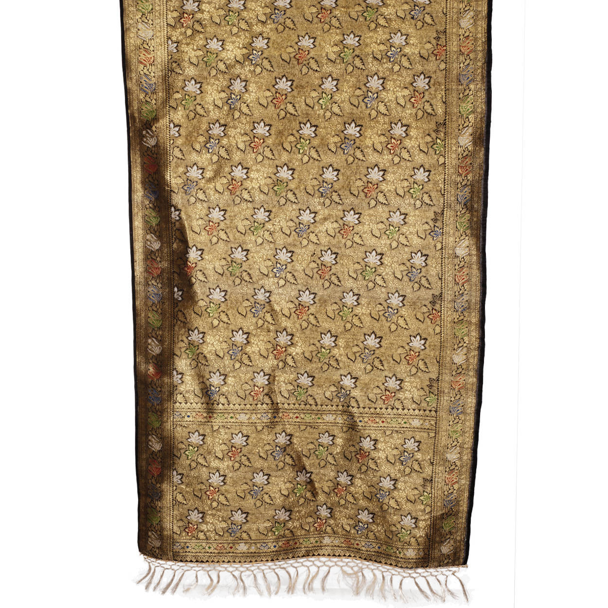 Vintage Indian Woven Gold Silk Shawl w Foliate Pattern 1930s Formal Sari Scarf - Poppy's Vintage Clothing