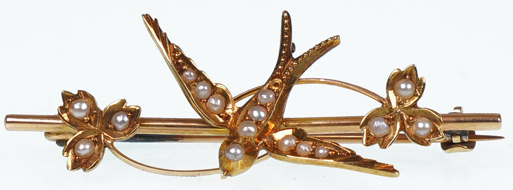 SOLD Antique Gold 15 carat Jewelry Pin Made in Scotland with Swallow Bird and Seed Pearls - Poppy's Vintage Clothing