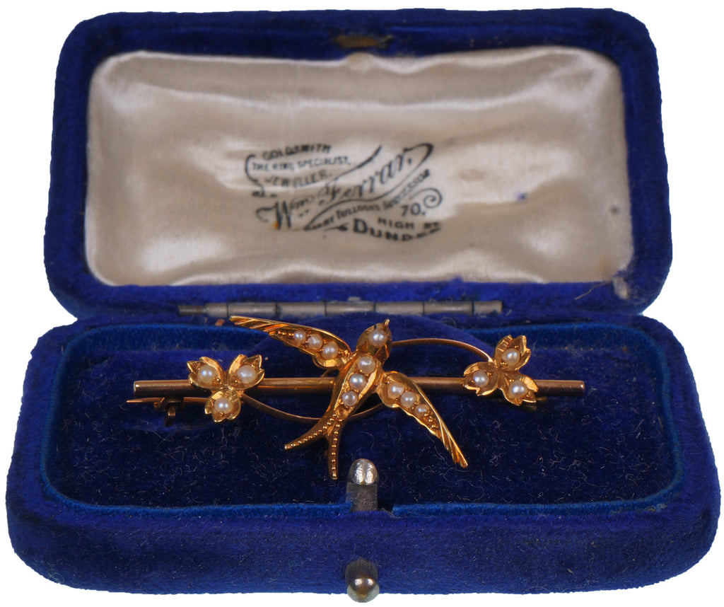 SOLD Antique Gold 15 carat Jewelry Pin Made in Scotland with Swallow Bird and Seed Pearls - Poppy's Vintage Clothing