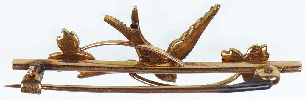 SOLD Antique Gold 15 carat Jewelry Pin Made in Scotland with Swallow Bird and Seed Pearls - Poppy's Vintage Clothing