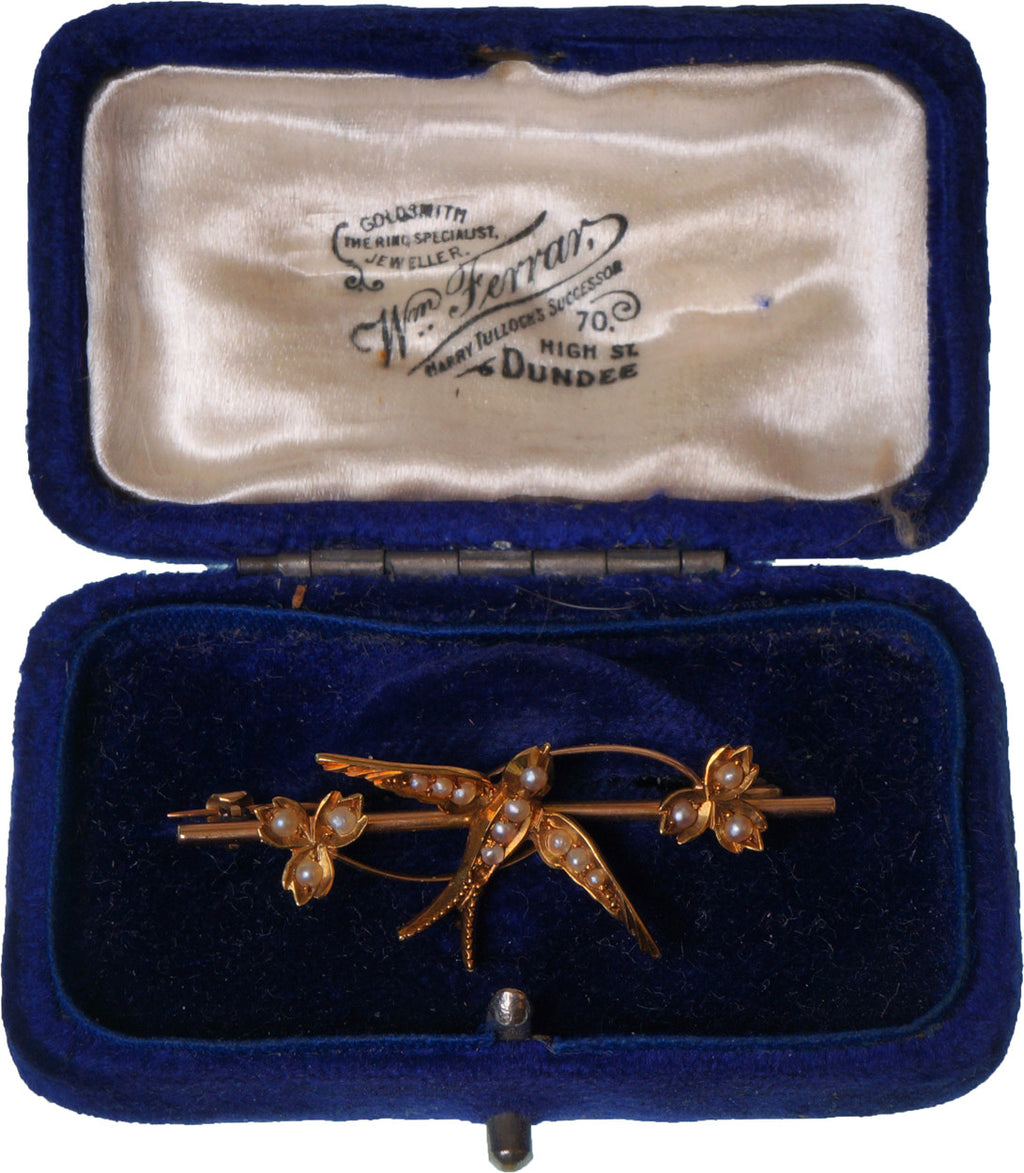 SOLD Antique Gold 15 carat Jewelry Pin Made in Scotland with Swallow Bird and Seed Pearls - Poppy's Vintage Clothing