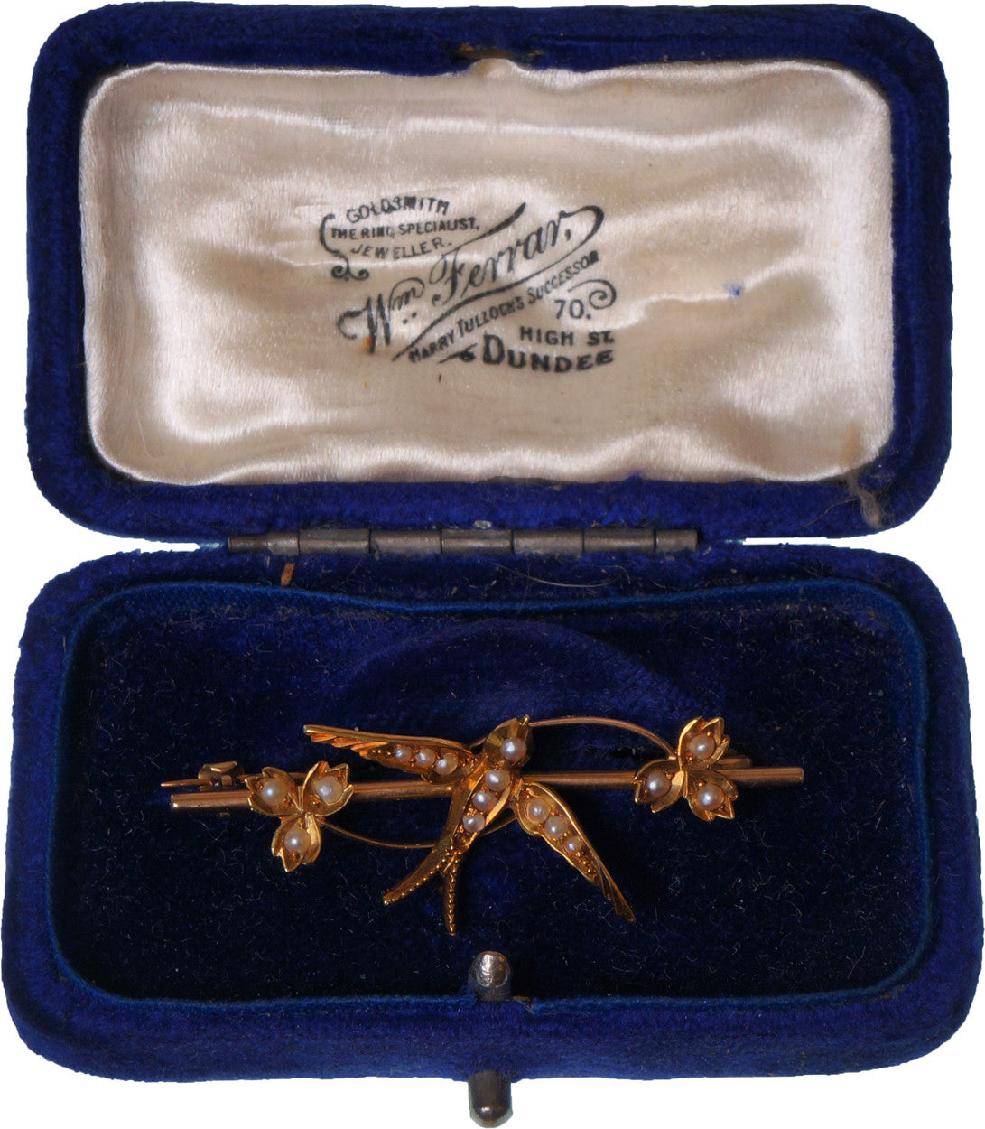 SOLD Antique Gold 15 carat Jewelry Pin Made in Scotland with Swallow Bird and Seed Pearls - Poppy's Vintage Clothing