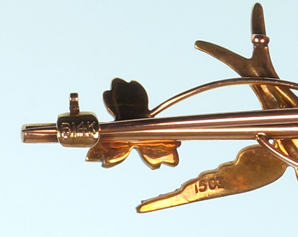 SOLD Antique Gold 15 carat Jewelry Pin Made in Scotland with Swallow Bird and Seed Pearls - Poppy's Vintage Clothing