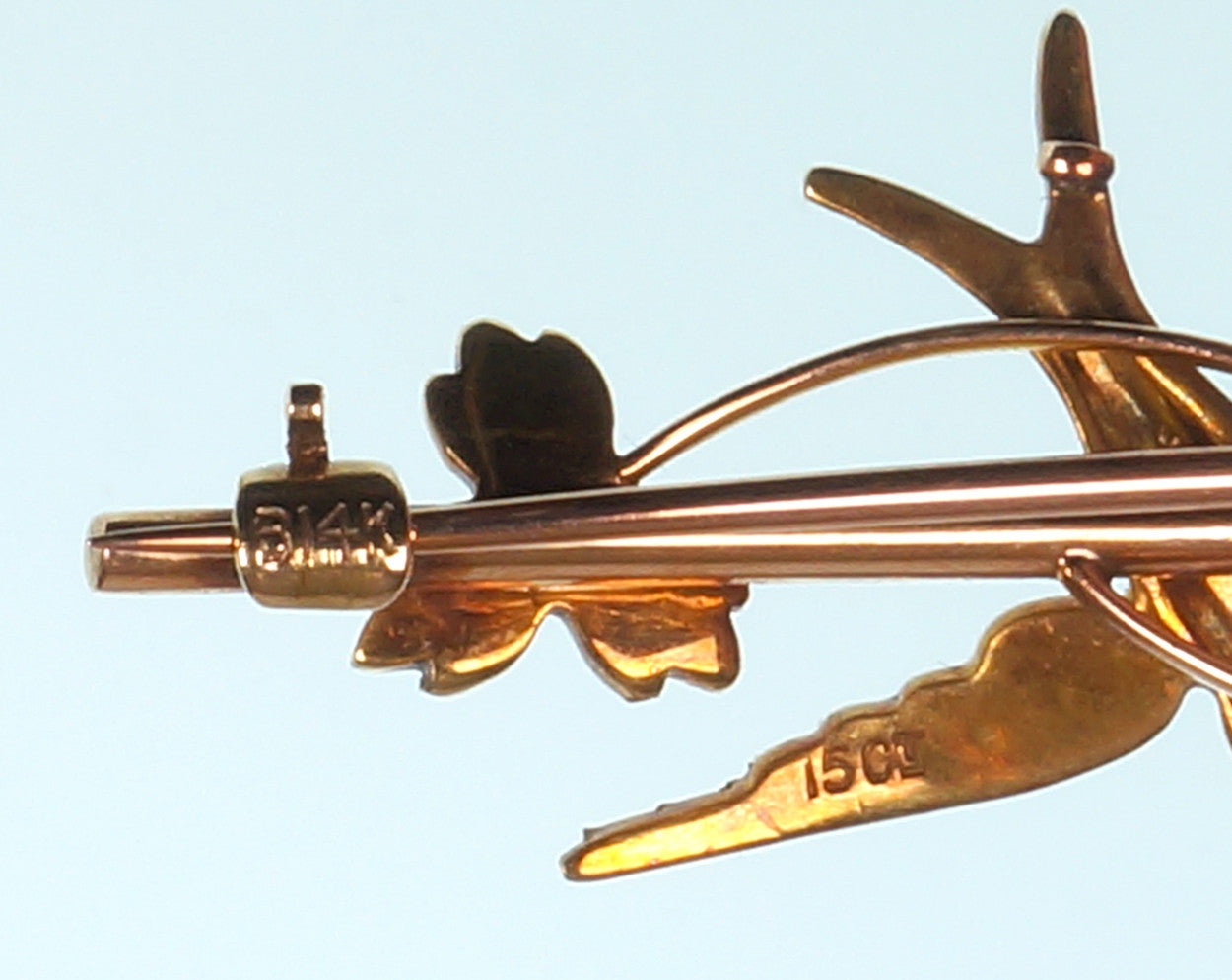 SOLD Antique Gold 15 carat Jewelry Pin Made in Scotland with Swallow Bird and Seed Pearls - Poppy's Vintage Clothing