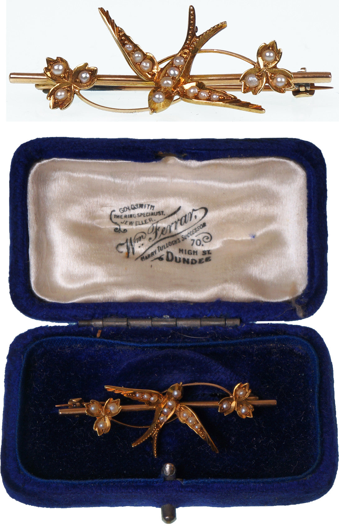 SOLD Antique Gold 15 carat Jewelry Pin Made in Scotland with Swallow Bird and Seed Pearls - Poppy's Vintage Clothing