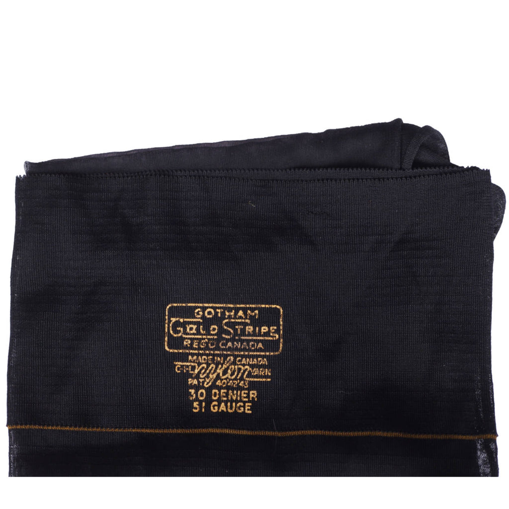 Vintage 1940s Black Nylon Stockings Seamed Cuban Heel Gotham Gold Stripe 10.5x33 - Poppy's Vintage Clothing