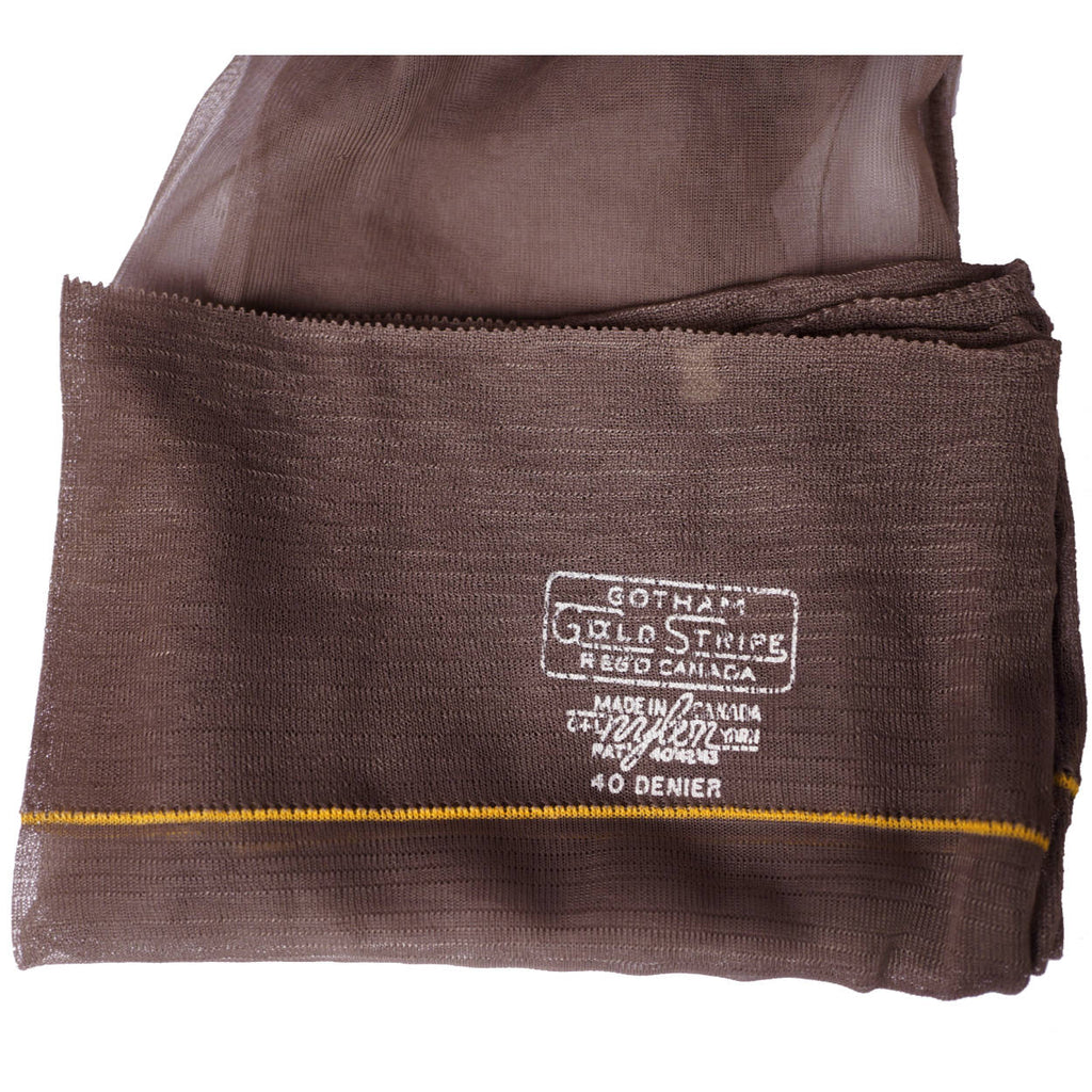 Vintage 1940s Taupe Nylon Stockings Seamed Cuban Heel Gotham Gold Stripe 9.5x34 - Poppy's Vintage Clothing