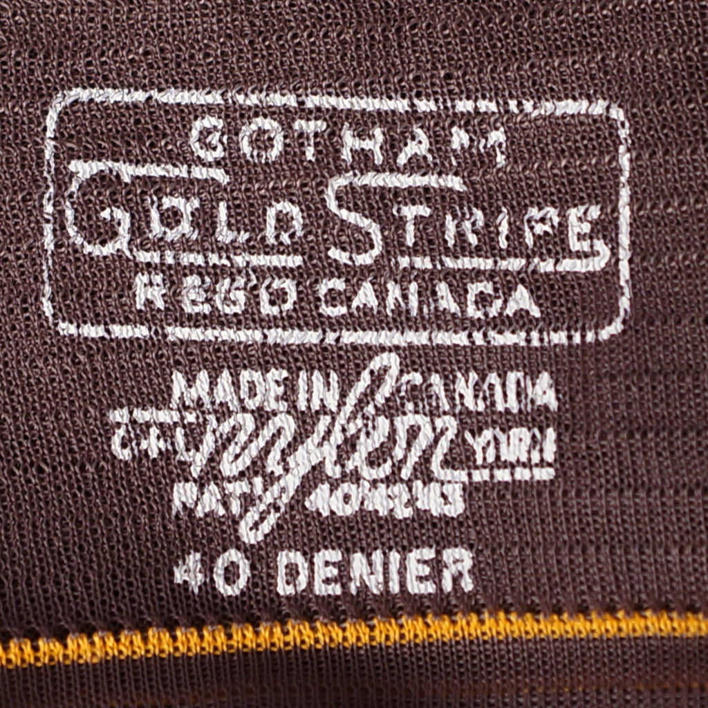 Vintage 1940s Taupe Nylon Stockings Seamed Cuban Heel Gotham Gold Stripe 9.5x34 - Poppy's Vintage Clothing