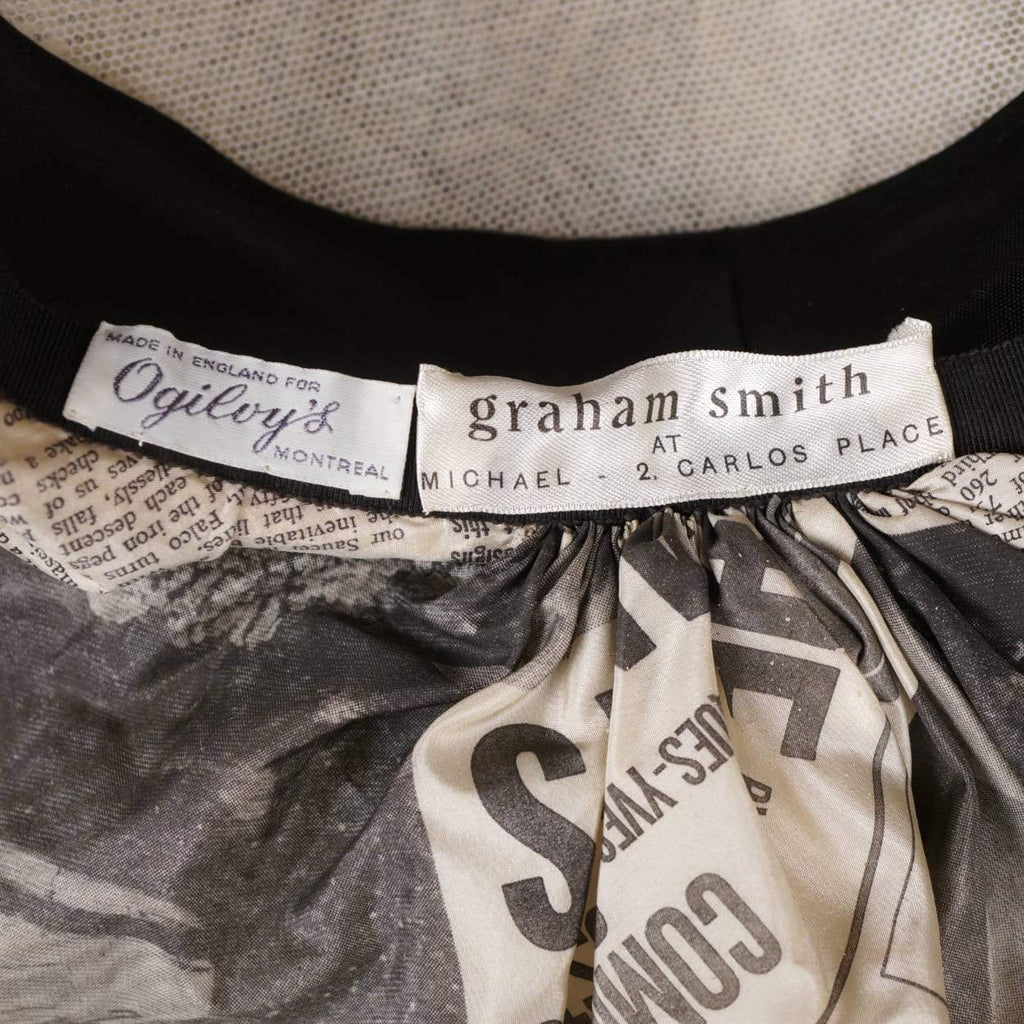 Vintage 1960s Silk Beret Hat - Newspaper Print by Graham Smith - Rare - Poppy's Vintage Clothing