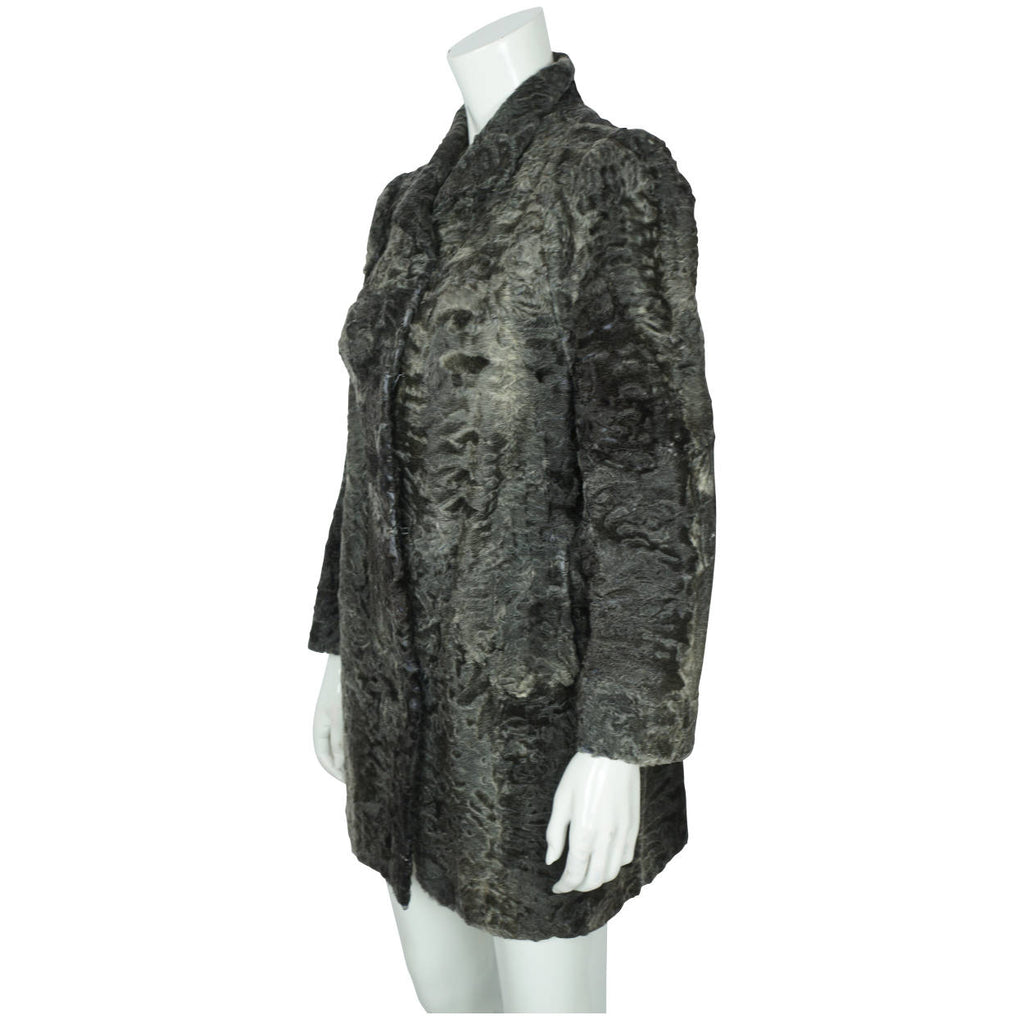Vintage 60s Swakara Astrakhan Broadtail Fur Coat Grey Size M - Poppy's Vintage Clothing