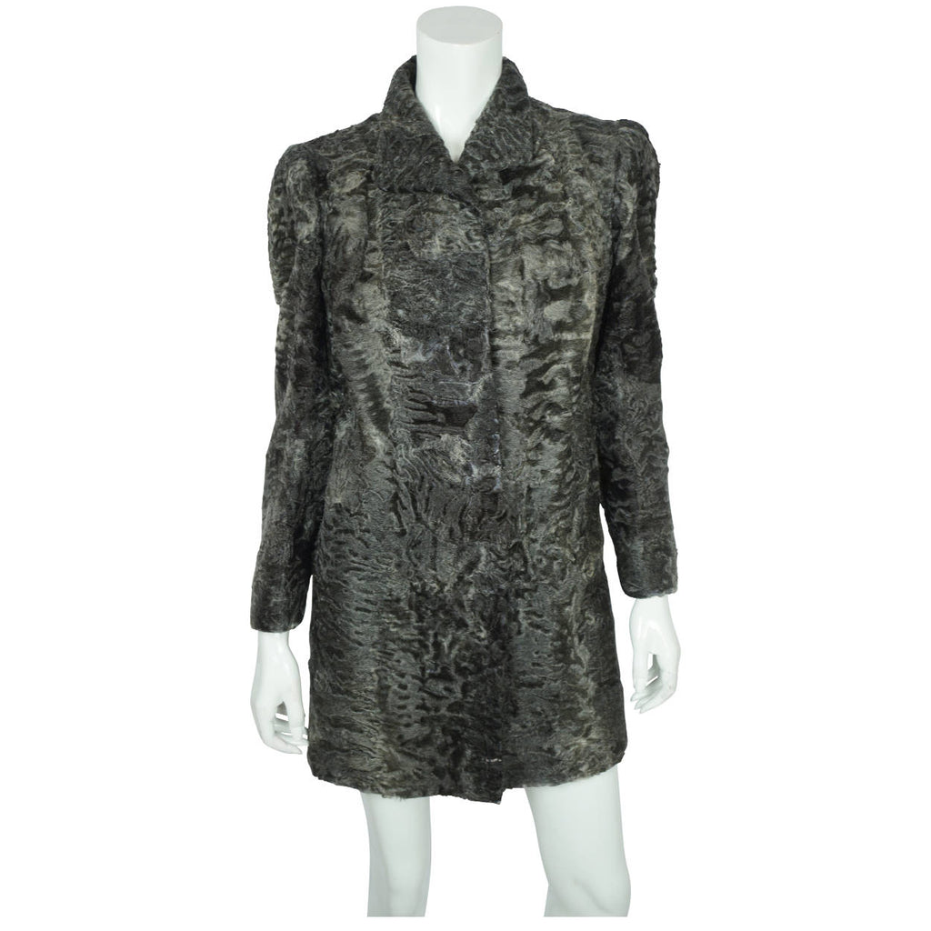 Vintage 60s Swakara Astrakhan Broadtail Fur Coat Grey Size M - Poppy's Vintage Clothing