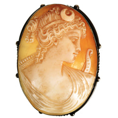 Vintage Carved Shell Cameo Pendant Brooch Roman Goddess Diana 800 Silver - Poppy's Vintage Clothing