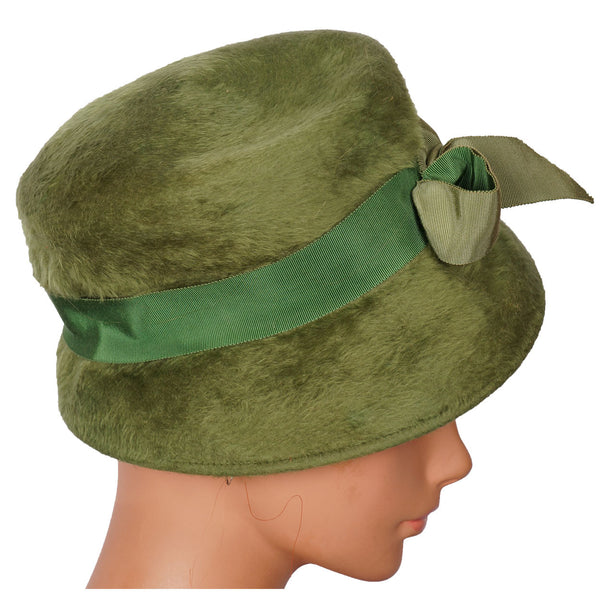 Vintage 60s Green Velour Felt Bucket Hat Ladies Size S / M