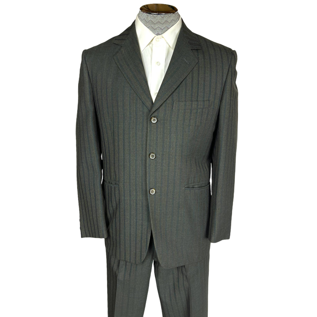 Vintage Mens 1960s Striped Suit Custom Tailored Green Wool M