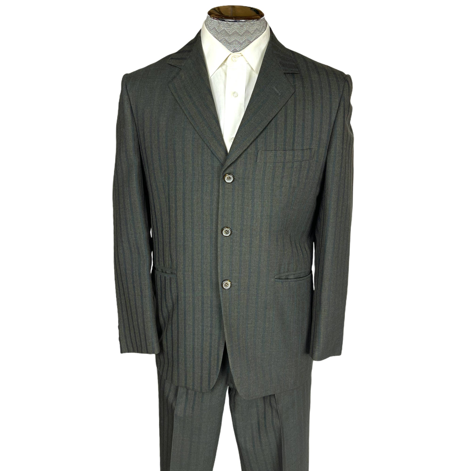 Vintage Mens 1960s Striped Suit Custom Tailored Green Wool M