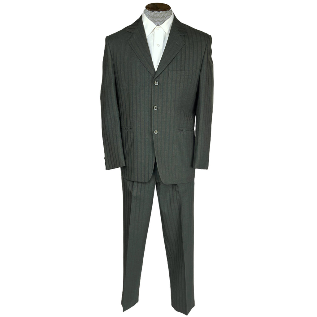 Vintage Mens 1960s Striped Suit Custom Tailored Green Wool M