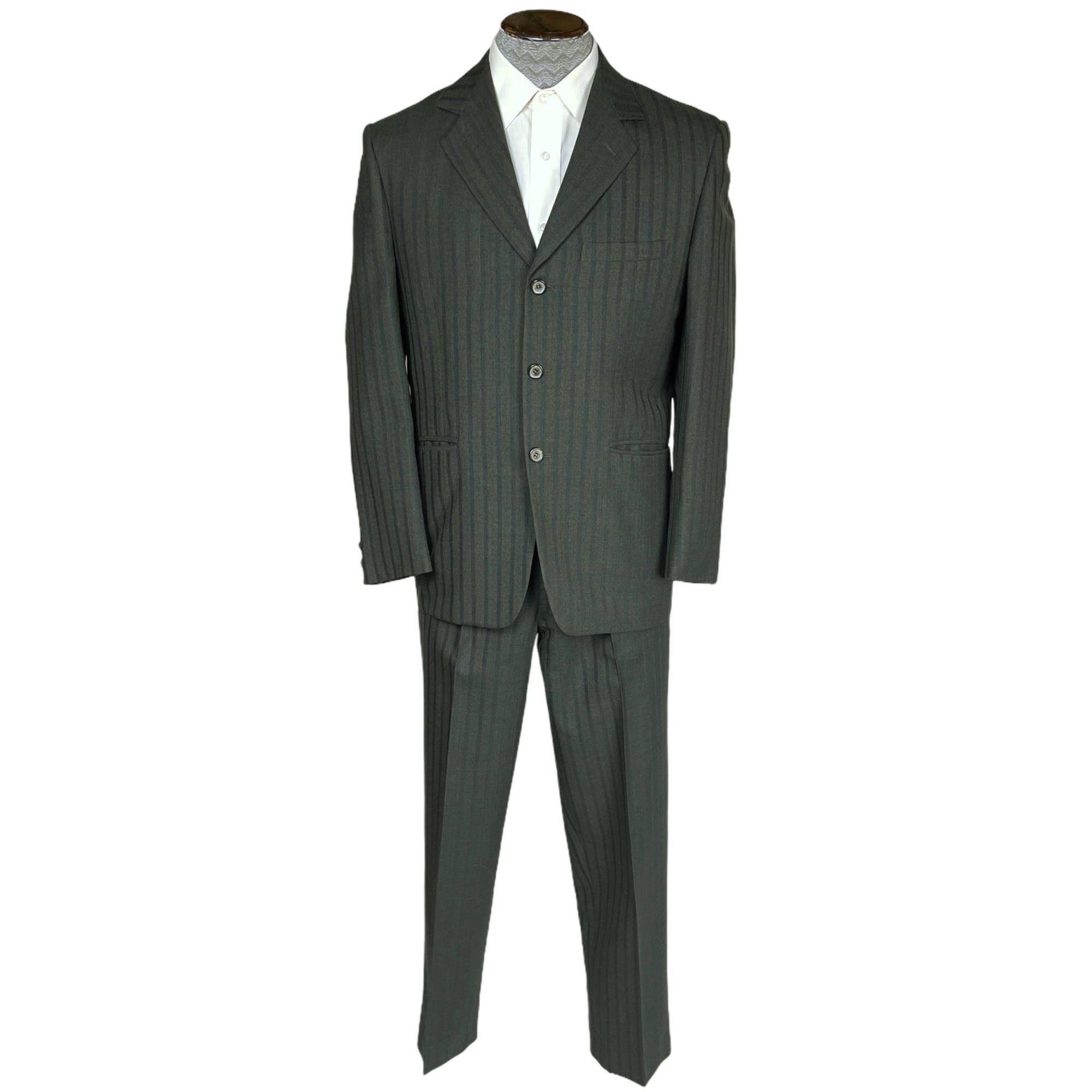 Vintage Mens 1960s Striped Suit Custom Tailored Green Wool M