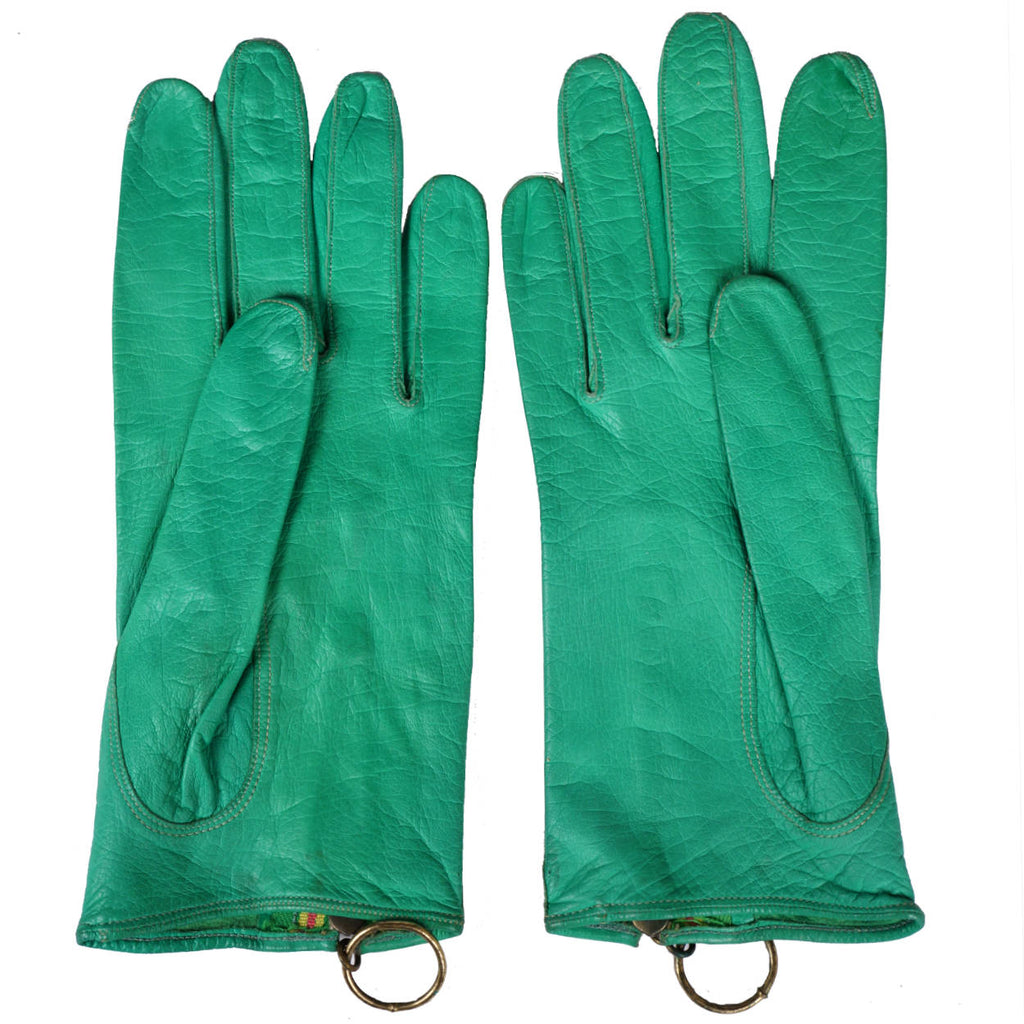 Vintage 1960s Mod Leather Gloves Green with Ring Pull Zipper Ladies Size 6.5 - Poppy's Vintage Clothing