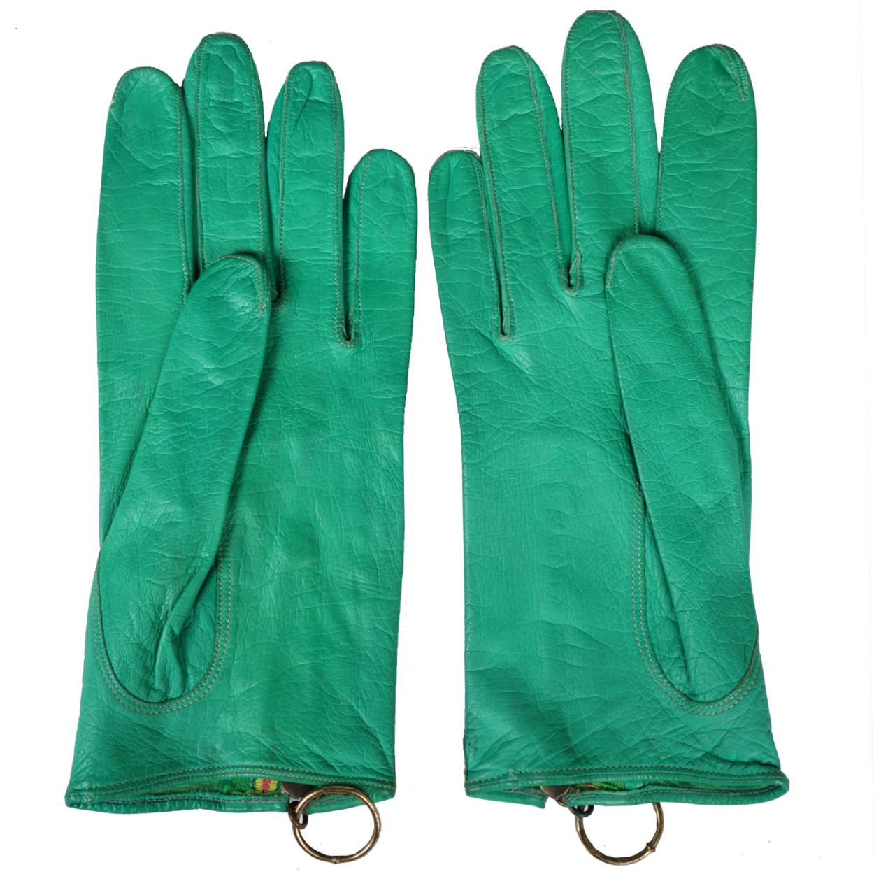 Vintage 1960s Mod Leather Gloves Green with Ring Pull Zipper Ladies Size 6.5 - Poppy's Vintage Clothing