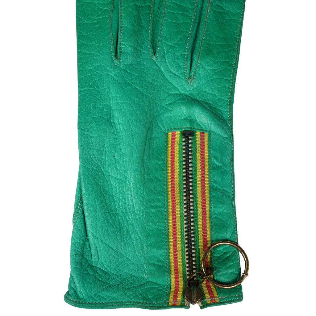 Vintage 1960s Mod Leather Gloves Green with Ring Pull Zipper Ladies Size 6.5 - Poppy's Vintage Clothing