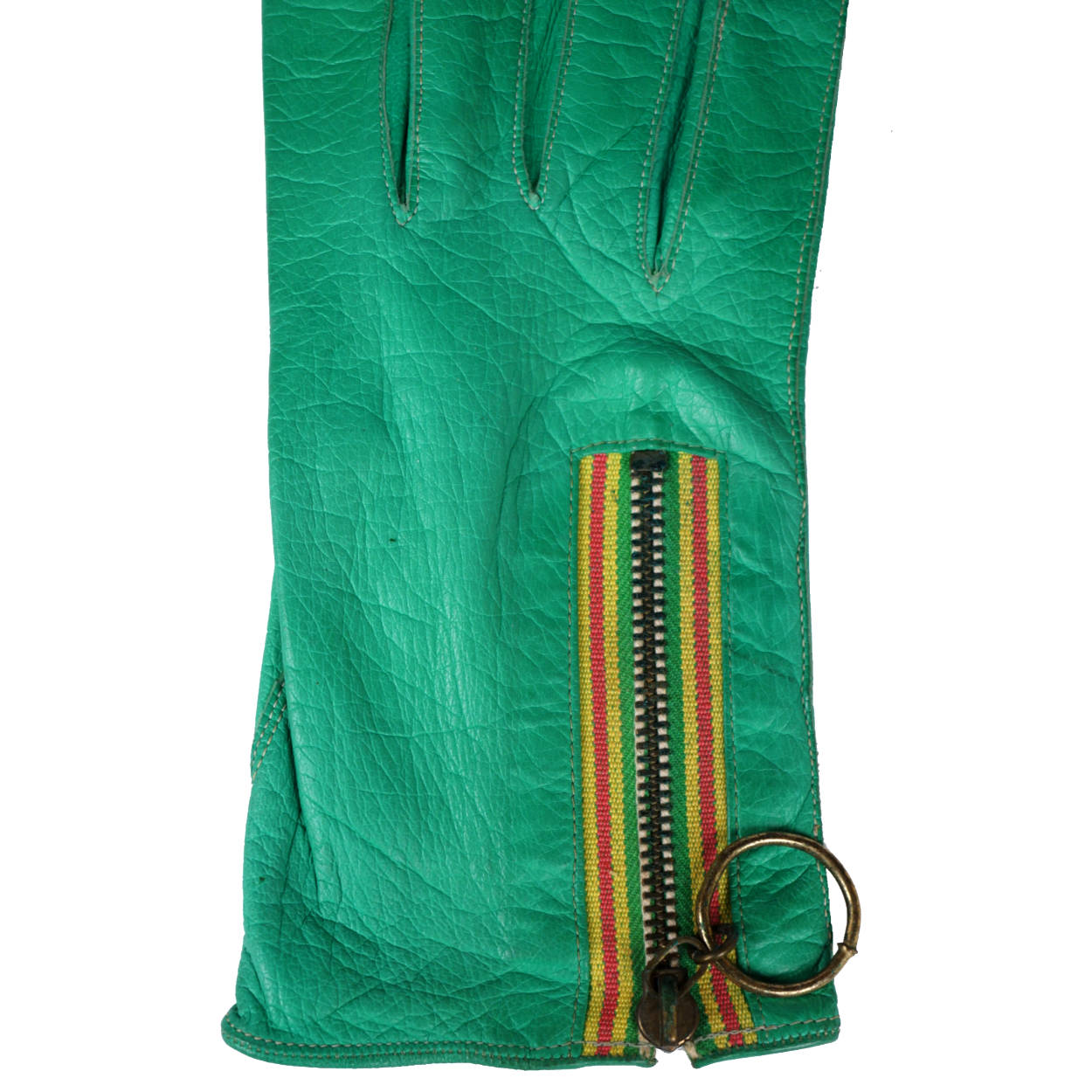 Vintage 1960s Mod Leather Gloves Green with Ring Pull Zipper Ladies Size 6.5 - Poppy's Vintage Clothing