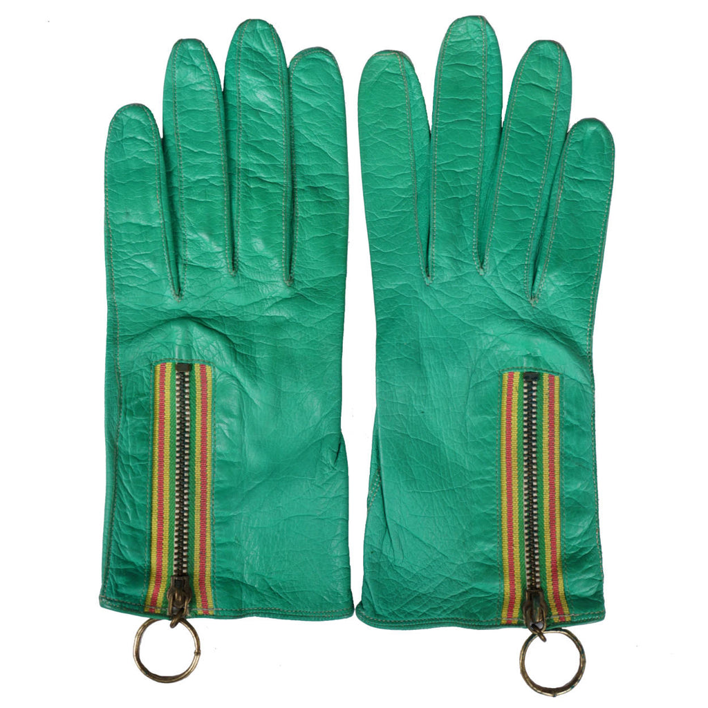 Vintage 1960s Mod Leather Gloves Green with Ring Pull Zipper Ladies Size 6.5 - Poppy's Vintage Clothing