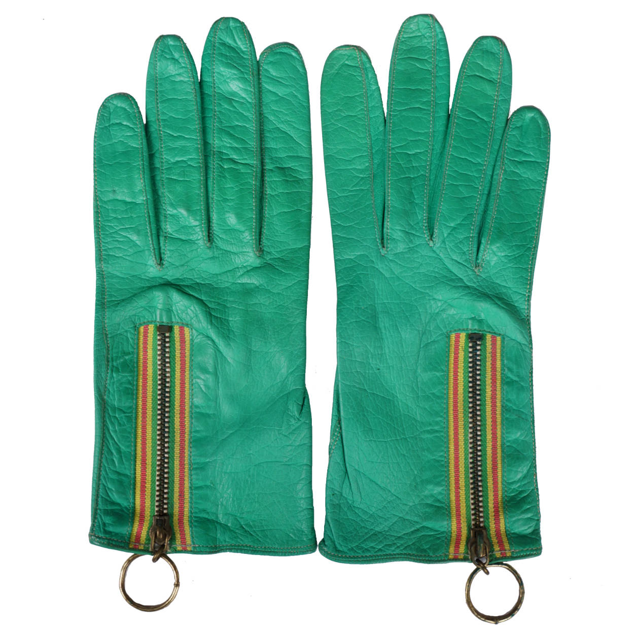 Vintage 1960s Mod Leather Gloves Green with Ring Pull Zipper Ladies Size 6.5 - Poppy's Vintage Clothing